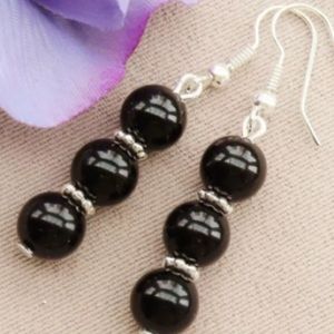 Natural Black Onyx 6mm & 925 spacers&Hook earrings FIRM$